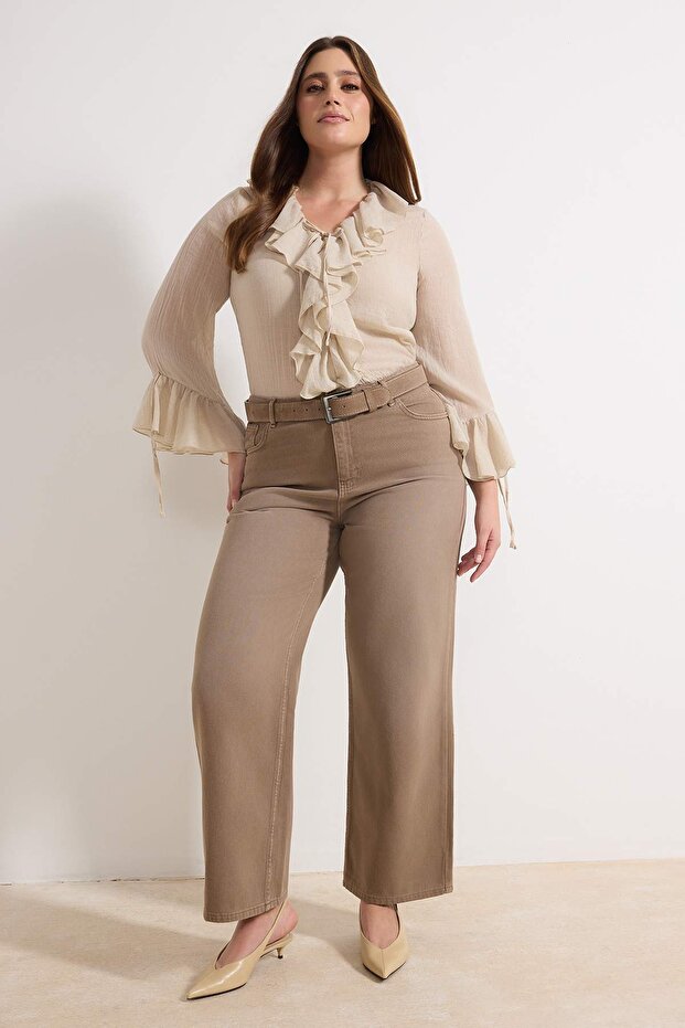 Bej Yüksek Bel Straight Fit %100 Pamuk Non-Strerch Denim Büyük Beden Jeans TBBSS24CJ00050 - 1