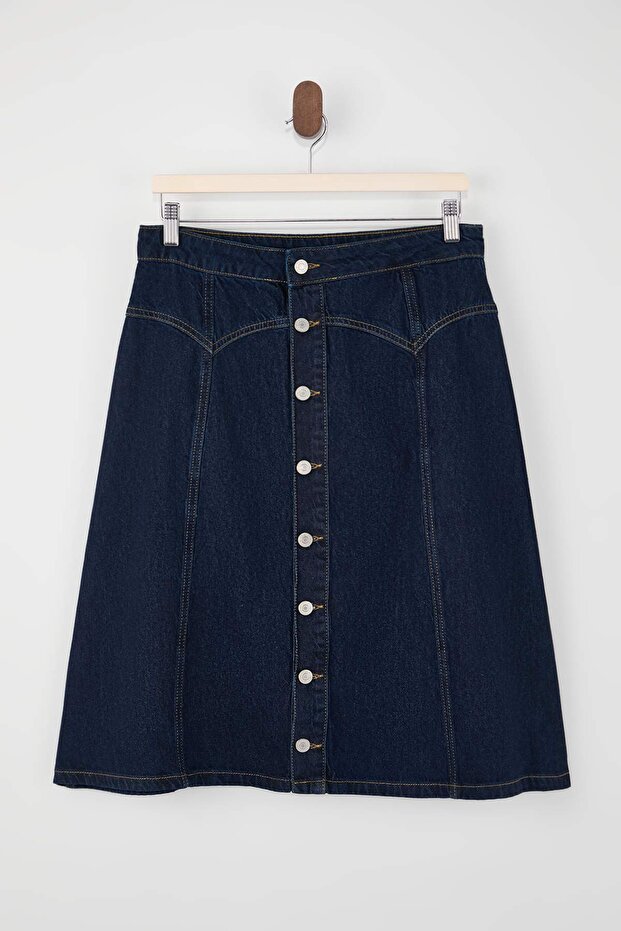 Mavi Düğme Detaylı Midi %100 Pamuk Denim Etek TWOSS26ET00010 - 5