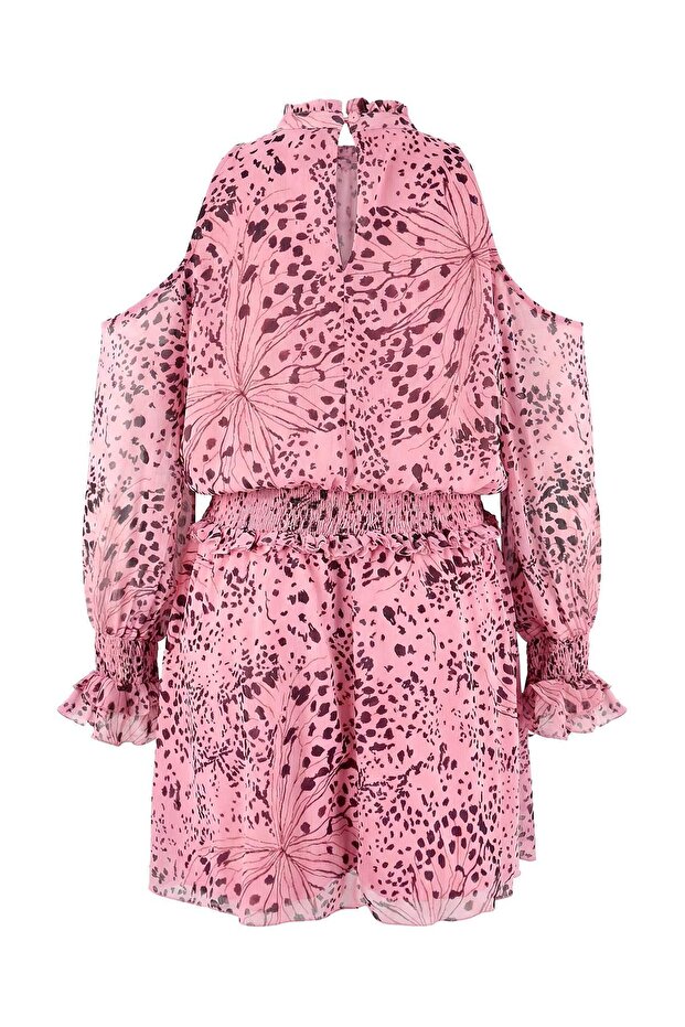 Pembe Şifon Animal Desenli Mini Dokuma Büyük Beden Elbise TBBSS26AH00073 - 8