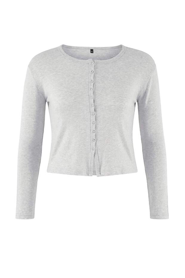 Gri Melanj Çıtçıtlı Crop Boy Basic Örme Büyük Beden Bluz TBBAW26AF00119 - 5