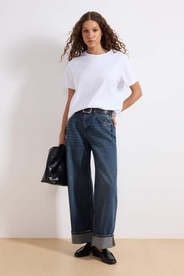 Koyu Mavi Katlı Paça Normal Bel Loose Baggy Jeans TWOSS25JE00001 - 1