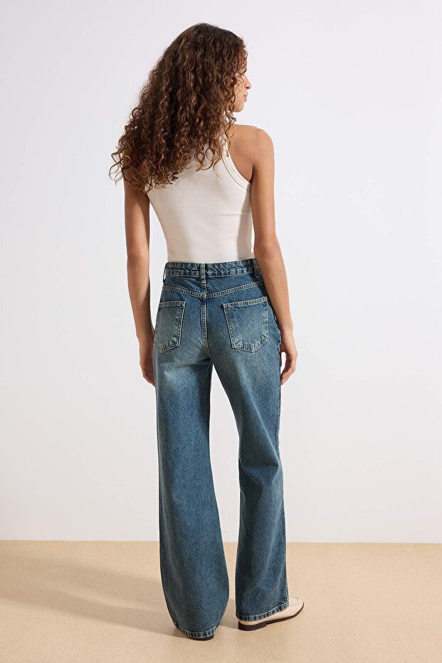 Mavi Soluk Efekt Vintage Yüksek Bel Wide Leg Geniş Paça %100 Pamuk Non-Stretch Jeans TWOAW24JE00089 - 7