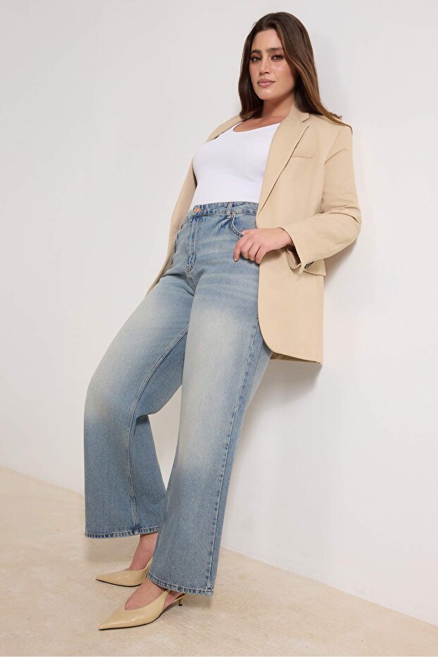 Mavi Yüksek Bel Geniş Paça Wide Leg %100 Pamuk Büyük Beden Jeans TBBAW26CJ00060 - 2