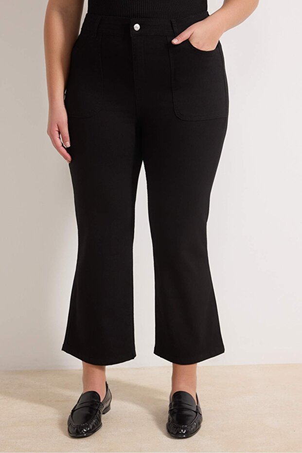 Solmayan Siyah Yüksek Bel Geniş Paça Esnek Crop Straight Fit Büyük Beden Pantolon TBBAW26CJ00056 - 3