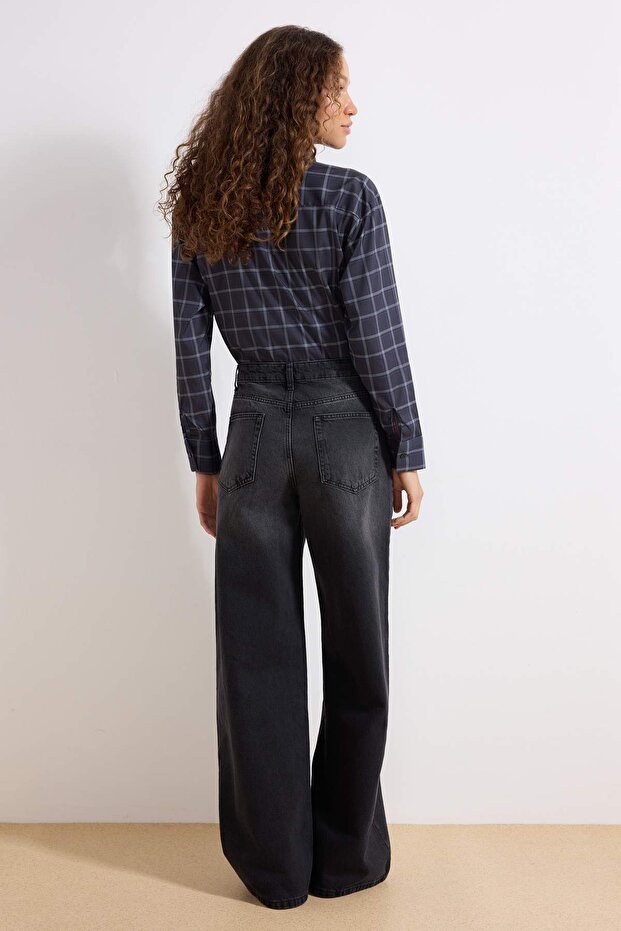 Siyah Yüksek Bel Ekstra Wide Leg Palazzo Geniş Paça %100 Pamuk Non-Stretch Jeans TWOAW25JE00083 - 4