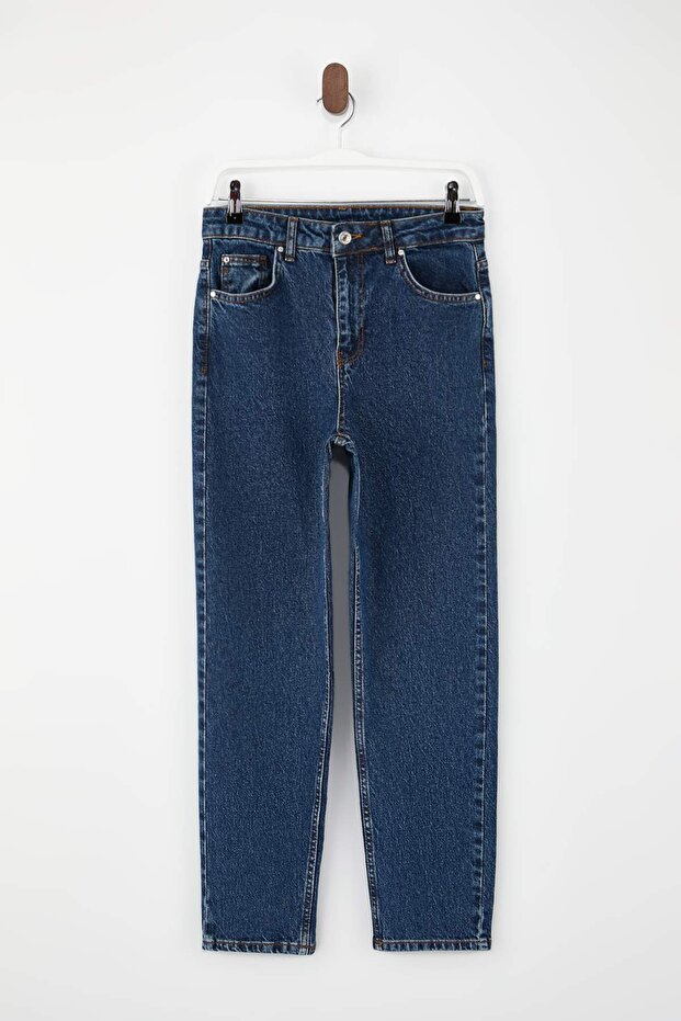 Koyu Mavi Yüksek Bel Bilek Boy Az Esnek Mom Jeans TWOSS26JE00112 - 7