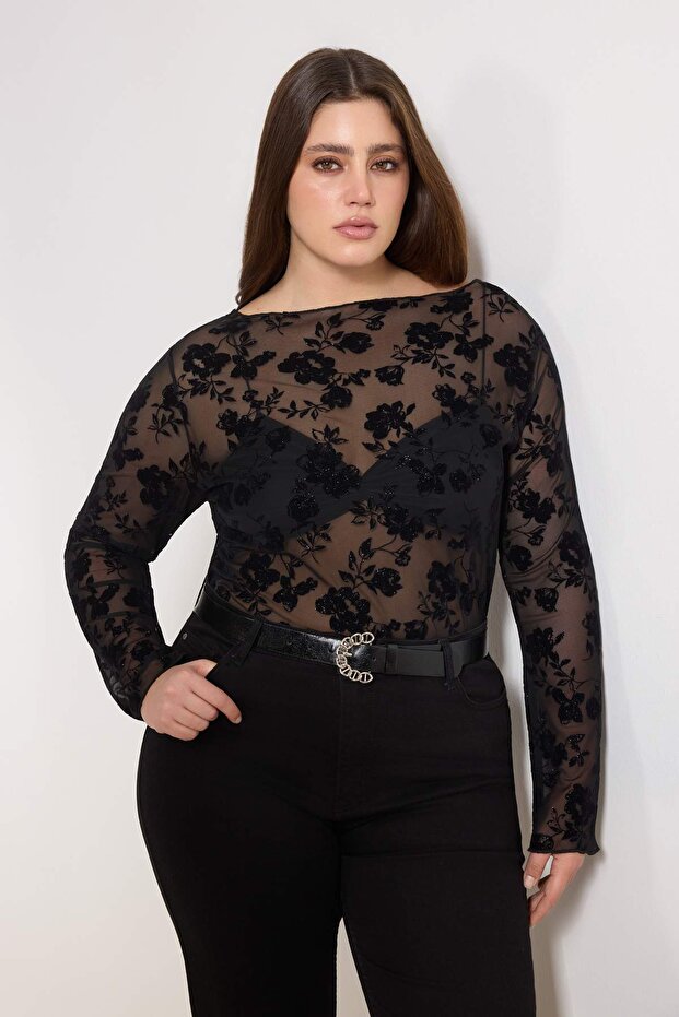 Black Boat Neck See-Through Knitted Plus Size Blouse Tbbss26Af00055
