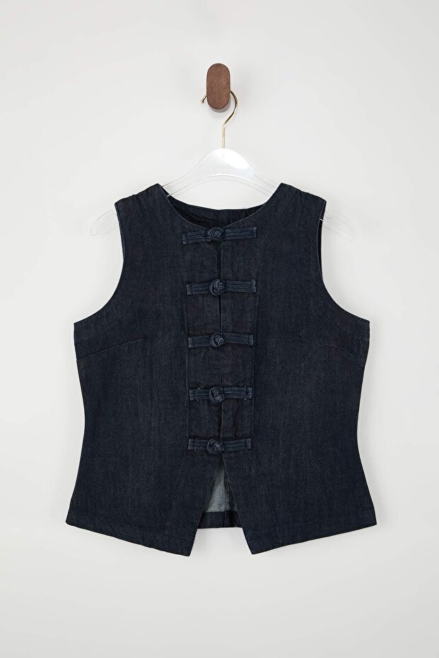 Koyu Mavi Düğme Detaylı Fitted 100% Pamuk Denim Yelek TWOSS26YE00004 - 5