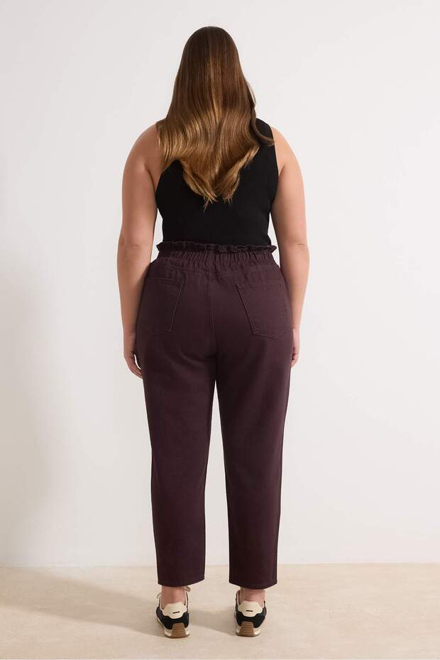 Bordo Yüksek Bel Beli Lastikli %100 Pamuk Büyük Beden Mom Jeans TBBAW23JE00002 - 4