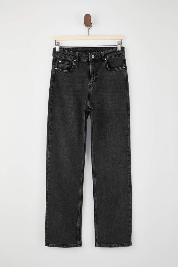 Trendyolmilla Wardrope Essentials Siyah Yüksek Bel Az Esnek Straight Düz Kesim Jeans TWOSS26JE00095 - 5