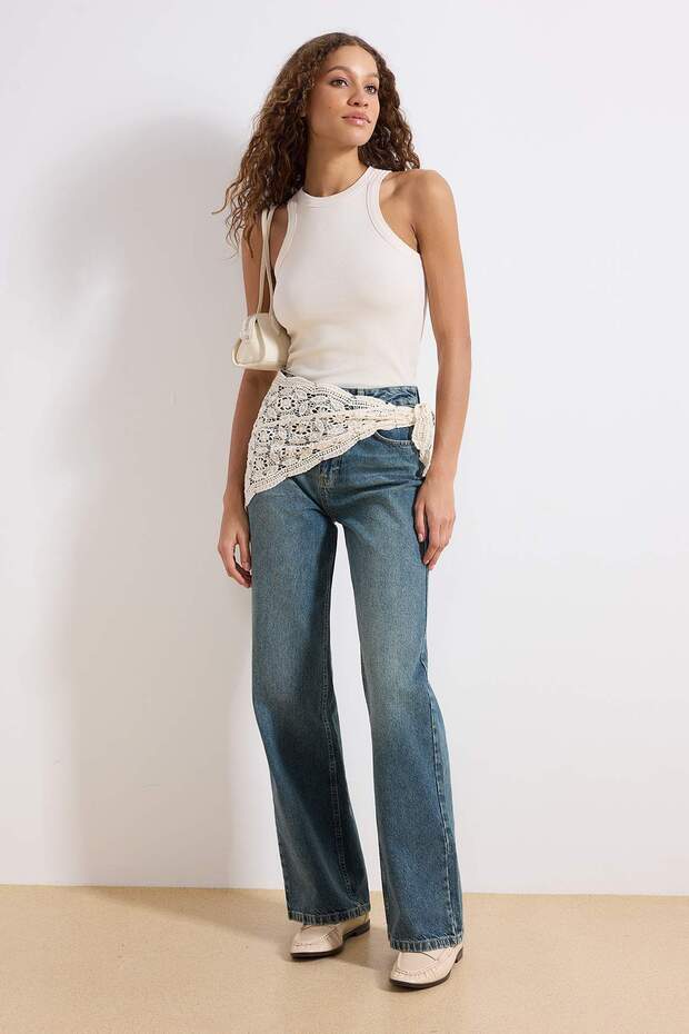 Mavi Soluk Efekt Vintage Yüksek Bel Wide Leg Geniş Paça %100 Pamuk Non-Stretch Jeans TWOAW24JE00089 - 4