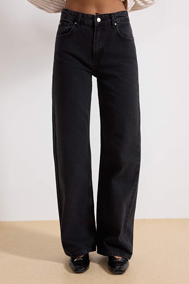 Siyah Yüksek Bel Wide Leg Smoke Geniş Paça %100 Pamuk Non-Stretch Jeans TWOSS23JE00068 - 7