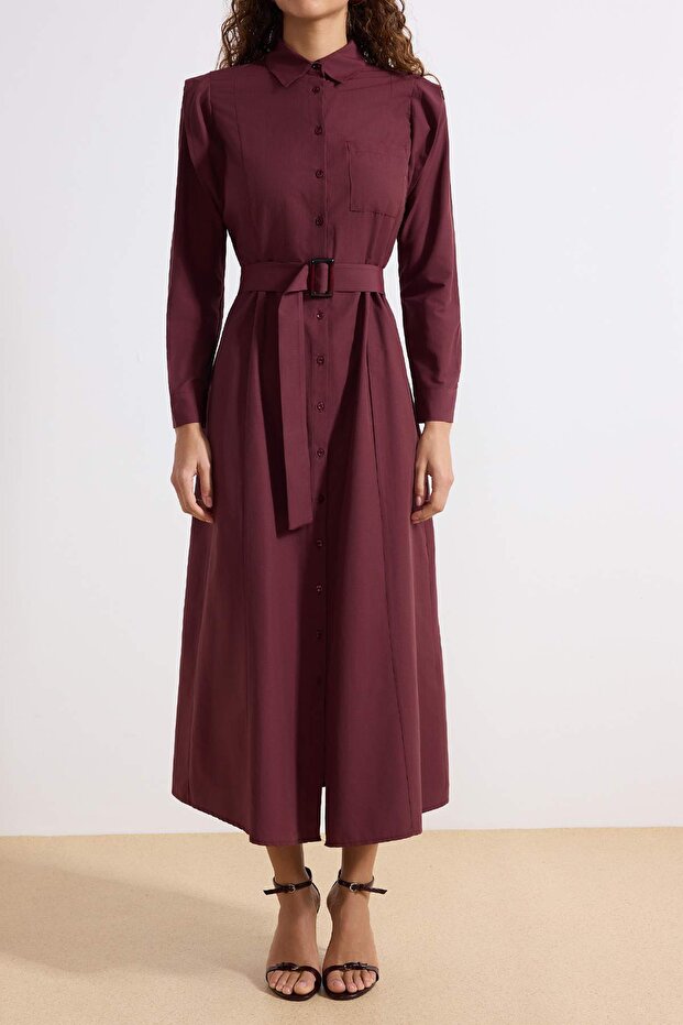 Mürdüm Kemer Toka Detaylı Dokuma Terrycotton Elbise TCTSS25EB00134 - 3