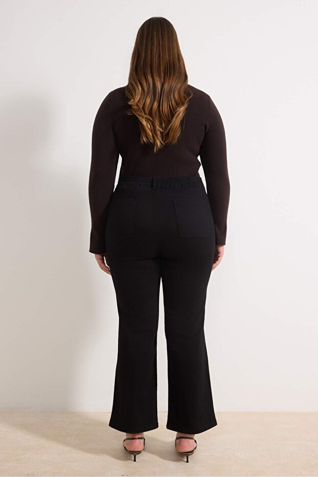 Solmayan Siyah Yüksek Bel Nervür Detaylı Esnek Wideleg/Geniş Paça Büyük Beden Jeans TBBAW26CJ00058 - 4