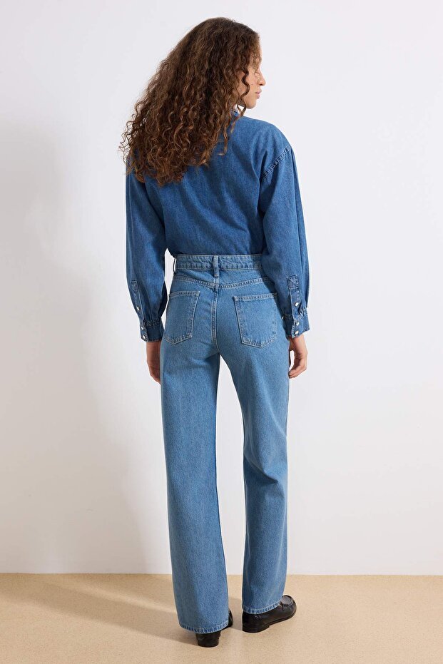 Mavi Yüksek Bel Wide Leg Geniş Paça %100 Pamuk Non-Stretch Jeans TWOSS23JE00068 - 4