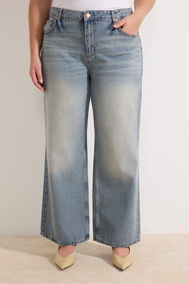 Mavi Yüksek Bel Geniş Paça Wide Leg %100 Pamuk Büyük Beden Jeans TBBAW26CJ00060 - 3