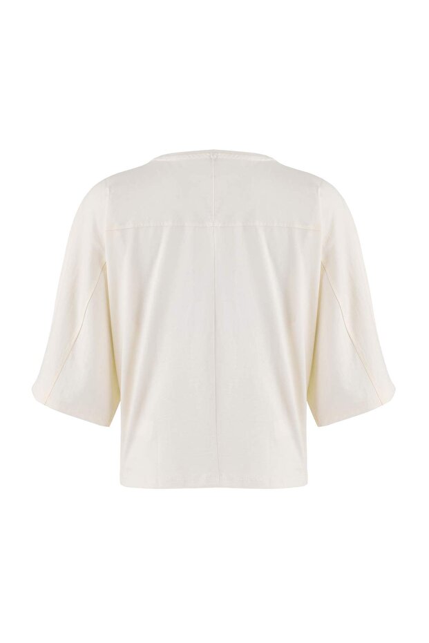 Wardrobe Essentials-Ekru Geniş Kalıp Yarasa Kol %100 Pamuk Örme T-Shirt TWOSS26TS00047 - 10