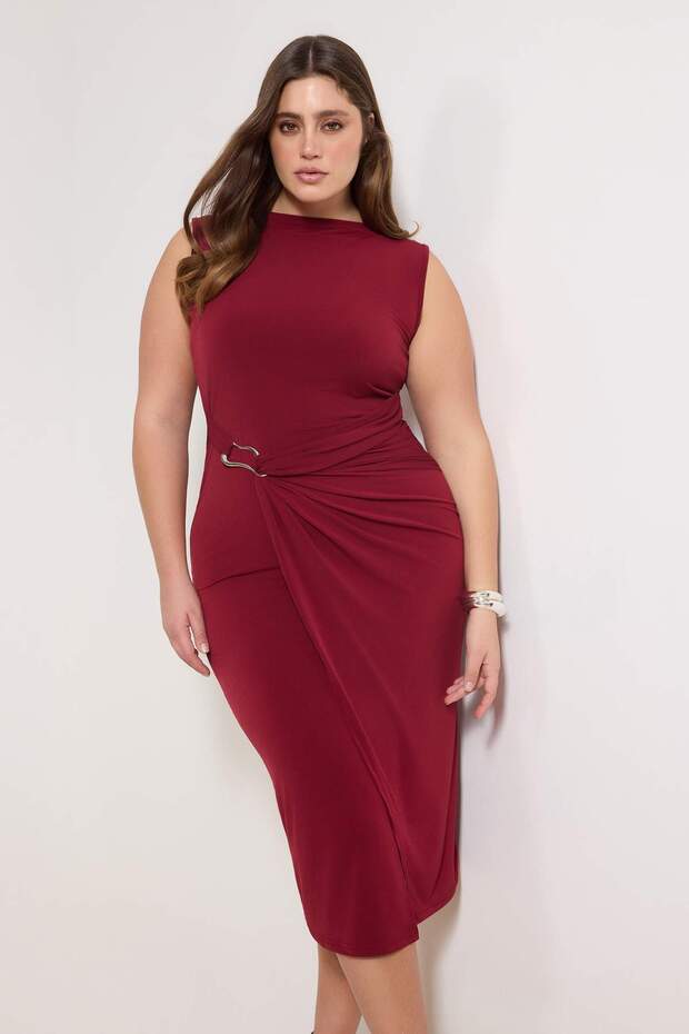 Bordo Bodycon Midi Aksesuar Detaylı Örme Büyük Beden Elbise TBBSS25AH00248 - 2