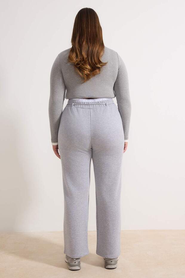 Gri Melanj Beli Poplin Detaylı Bağcıklı Wide Leg Büyük Beden Eşofman Altı TBBSS26AJ00001 - 4