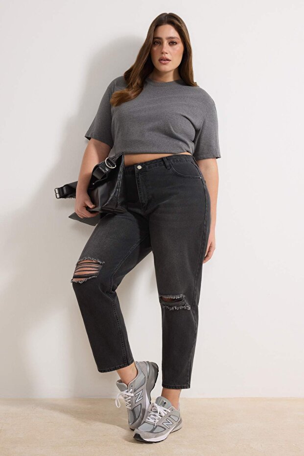 Antrasit Destroy Detaylı Mom Fit %100 Pamuk Denim Büyük Beden Jeans TBBSS23CJ00019 - 1