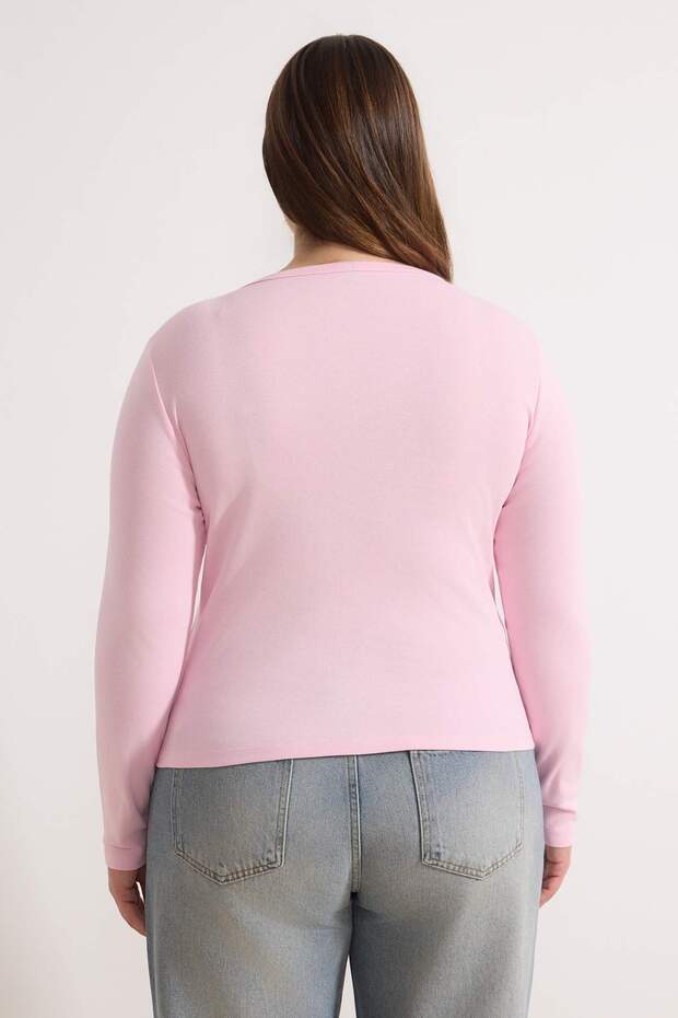 Pembe Düğme Detaylı Crop/Kısa Ribana Örme Büyük Beden Bluz TBBSS26AF00010 - 4