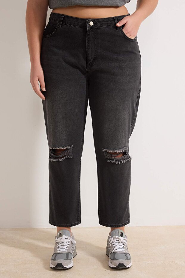 Antrasit Destroy Detaylı Mom Fit %100 Pamuk Denim Büyük Beden Jeans TBBSS23CJ00019 - 3