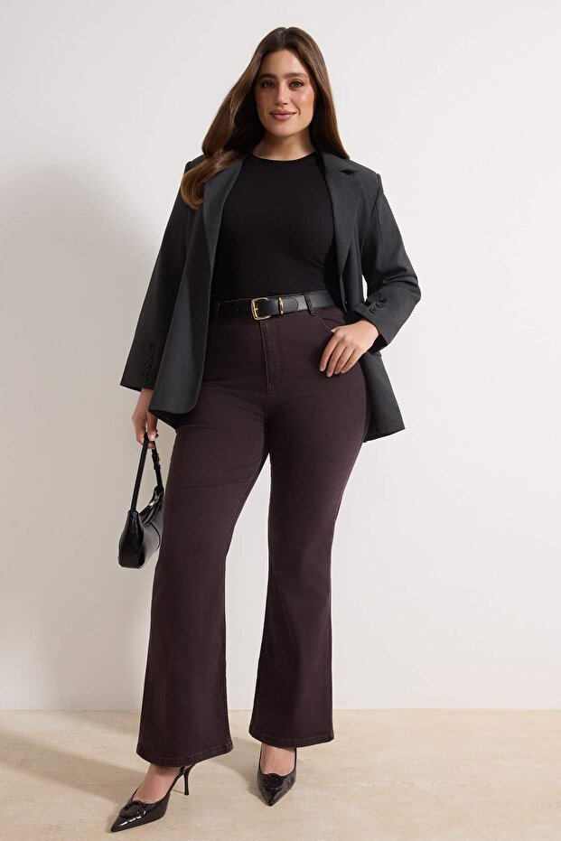 Bordo Yüksek Bel Esnek Kumaş İspanyol Paça Flare Fit Büyük Beden Jeans TBBAW23JE00001 - 1