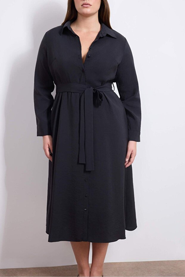 Wardrobe Essentials Siyah Modal Dokuma Büyük Beden Gömlek Elbise TBBSS26AH00078 - 4