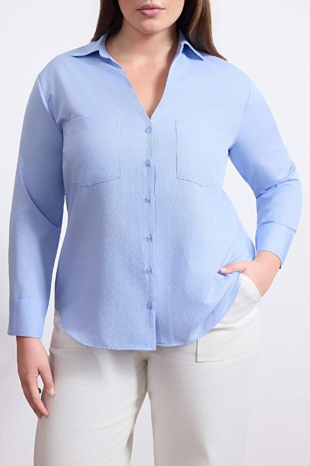 Wardrobe Essentials Mavi Kaçık Yaka Dokuma Büyük Beden Gömlek TBBSS26AX00003 - 3