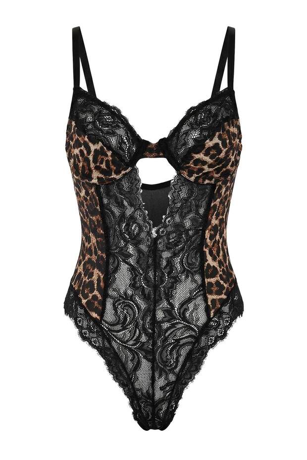 Siyah Fitted Leopar Desenli Dantel/Saten Fantezi Body THMSS26BD00012 - 2