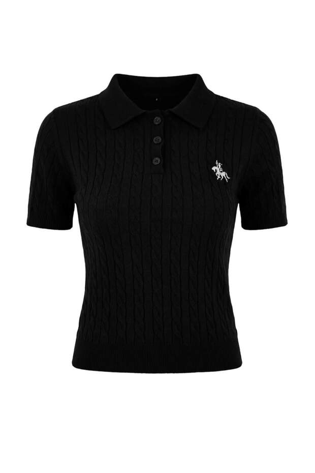 Siyah At Nakışlı Polo Yaka Saç Örgü Triko Bluz TWOSS26BZ00163 - 5