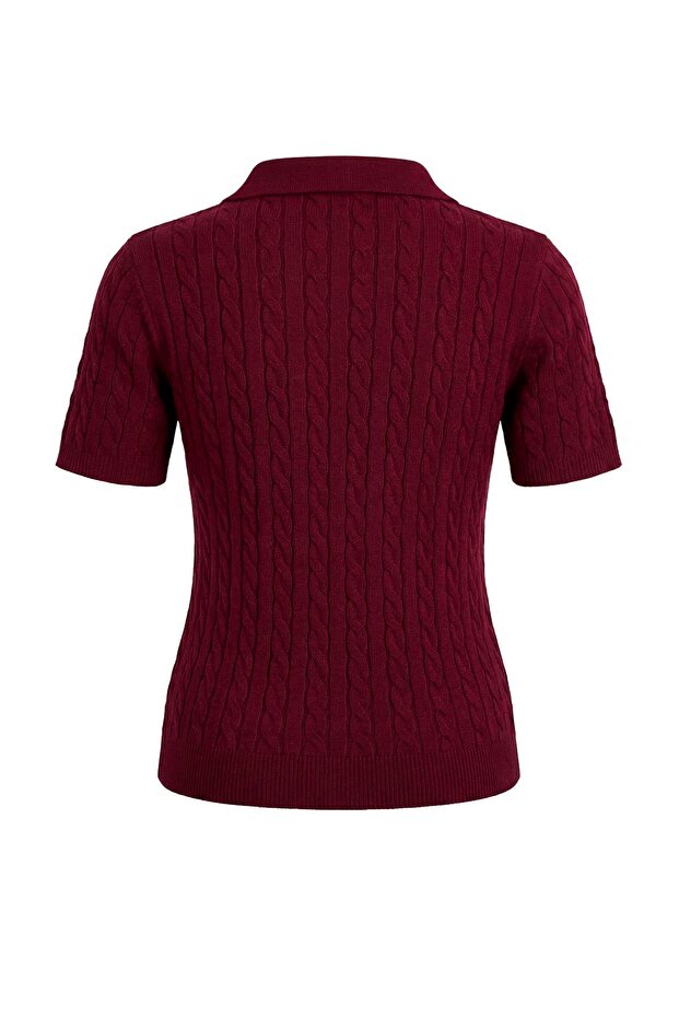 Bordo At Nakışlı Polo Yaka Saç Örgü Triko Bluz TWOSS26BZ00163 - 6