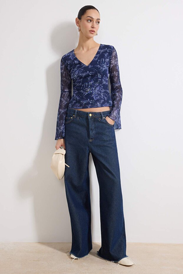 Çok Renkli Boho/Boho Chic Baskılı V yaka İspanyol Kol Tül Esnek Örme Bluz TWOAW26BZ00239 - 1