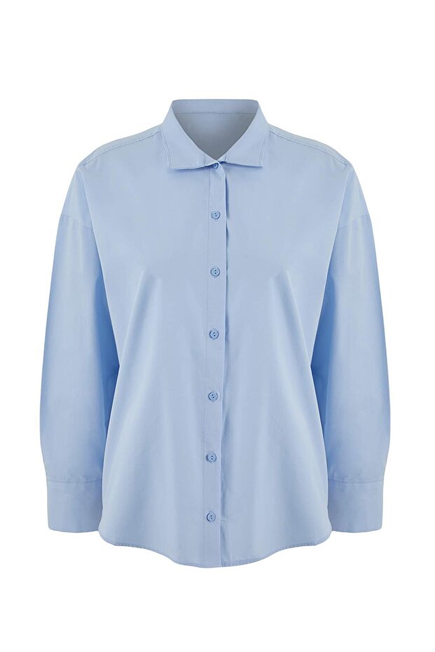 Trendyol Studio Açık Mavi Oversize Asimetrik Pamuklu Poplin Gömlek TWOAW26GO00106 - 6