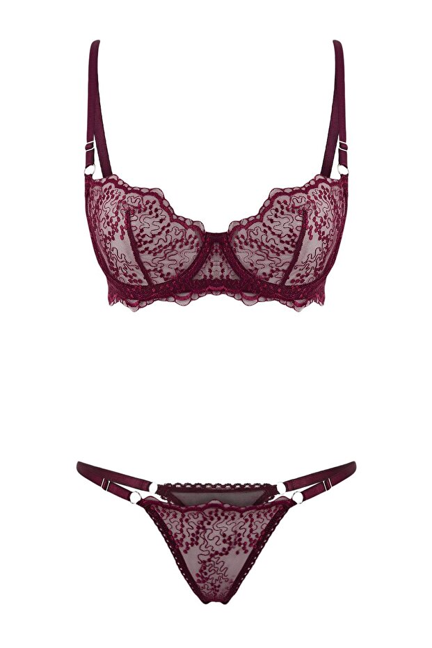 Bordo Brode Çiçekli Kapsız İç Çamaşırı Takımı THMSS26CC00020 - 2