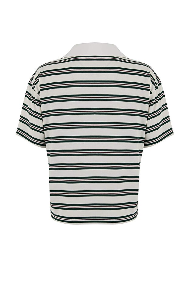 Wardrobe Essentials-Ekru Çizgili Normal Kalıp Kısa Kollu Tok %100 Pamuk Örme T-shirt TWOSS26TS00027 - 6