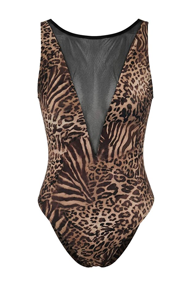 Leopar Desenli Mesh Detaylı Halter Yaka Kaplı Brazilian Mayo TBESS26MA00028 - 5