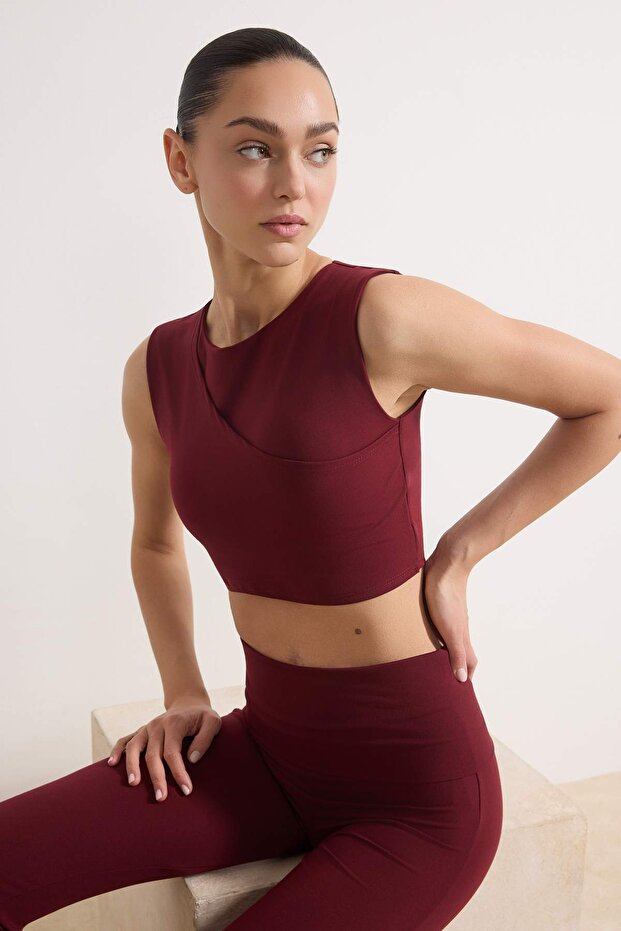 Bordo Kruvaze Fırçalı Soft Kumaş Destekli/Şekillendirici Örme Spor Sütyeni THMSS26SS00003 - 1