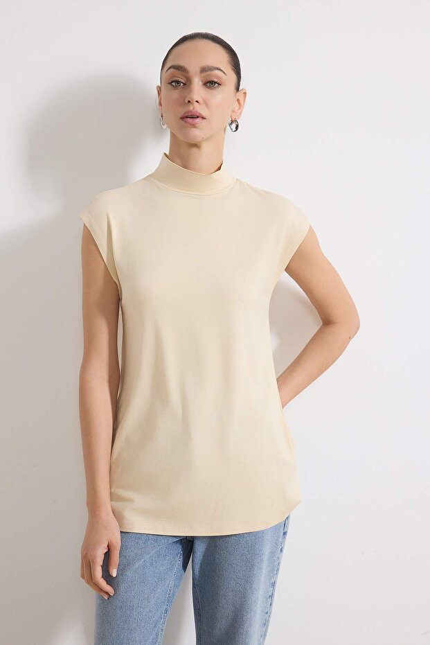 Lacivert-Bej 2'li Paket Dik Yaka Kolsuz İçlik Örme Tunik TCTSS21UK0033 - 4