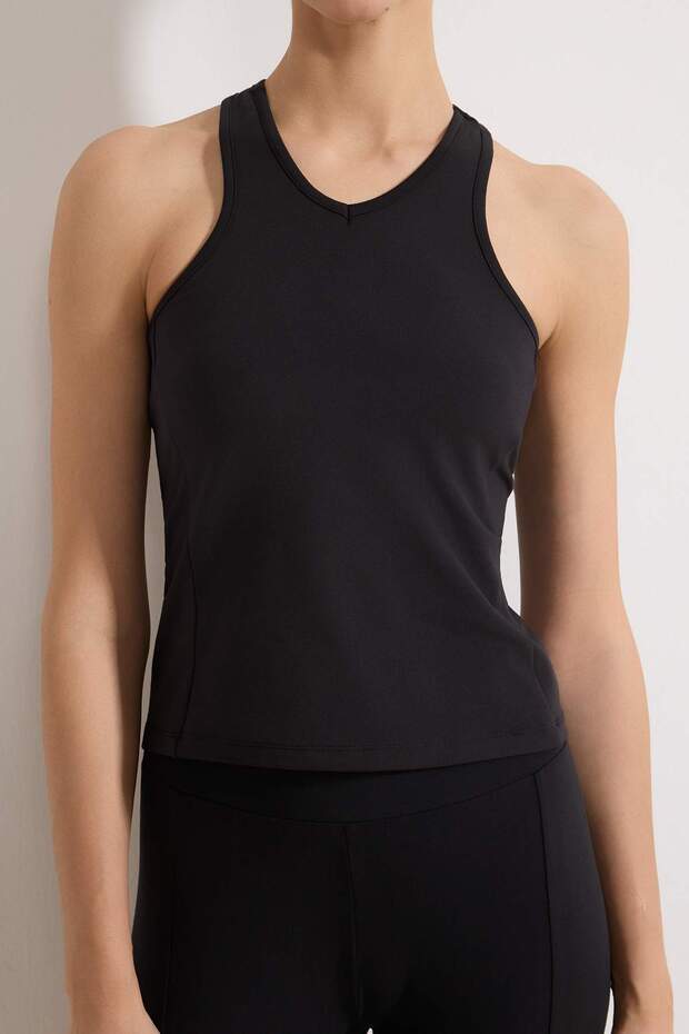 Siyah Fırçalı Soft Kumaş Halter Yaka 2 Katlı İçi Pedli Örme Spor Üst/Bluz THMSS26BZ00004 - 4