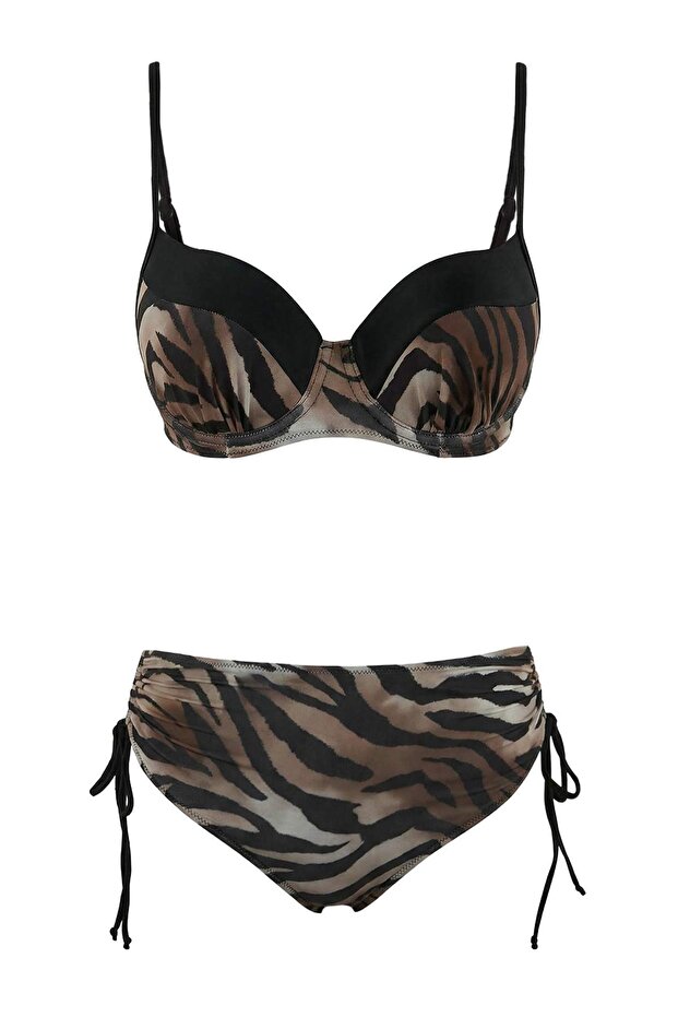 Leopar Desenli Renk Bloklu Balconette Kaplı Yüksek Bel Regular Bikini Takımı TBESS26BT00002 - 5