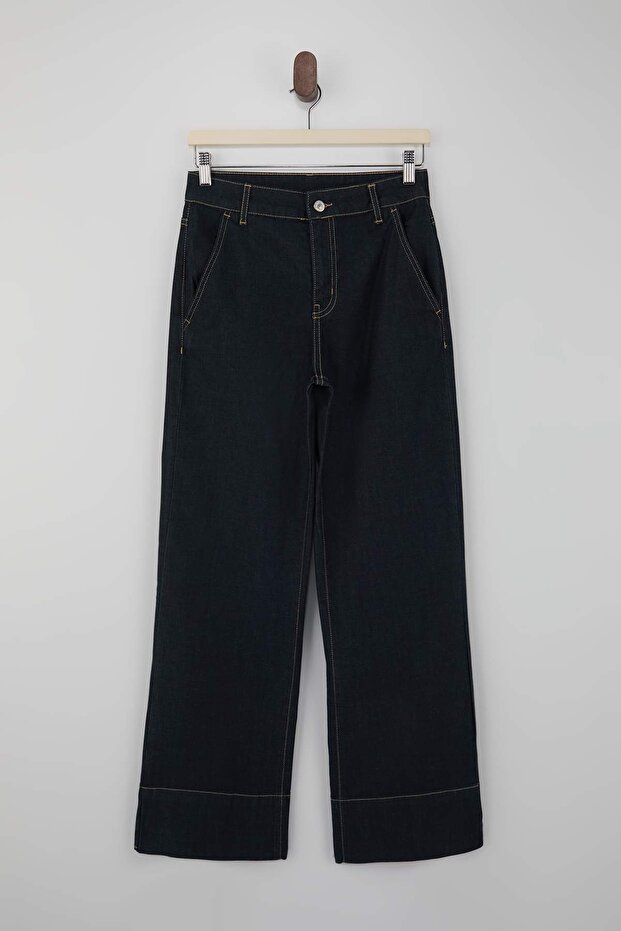 Koyu Mavi Cep Detaylı Yüksek Bel Ekstra Esnek Wide Leg Jeans TWOSS26JE00019 - 5