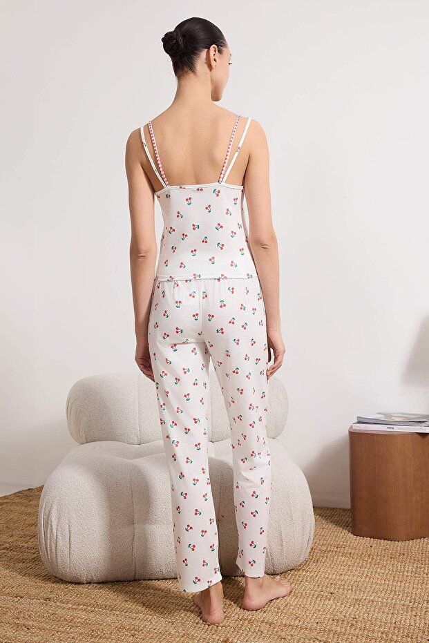 Teen Beyaz-Çok Renkli Kiraz ve Ekoseli İç İçe Görünümlü Örme Pijama Takımı THMSS26PT00079 - 6