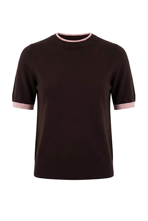 Wardrobe Essentials Kahverengi Premium İplik Renk Bloklu Bisiklet Yaka Triko Bluz TWOSS26BZ00133 - 5