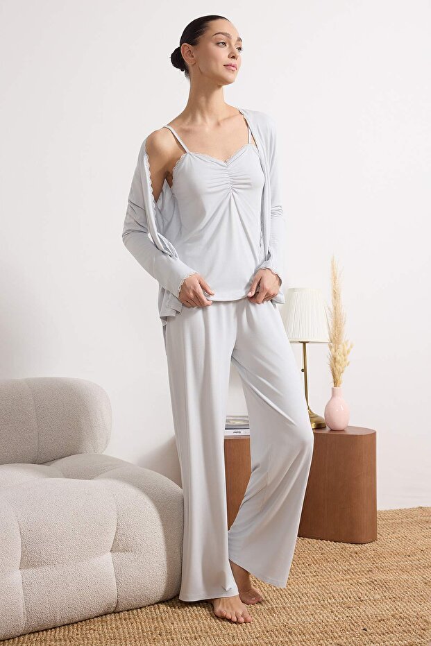 Açık Mavi 3'lü Dantelli Viskon Örme Pijama Takımı THMSS26PT00056 - 1