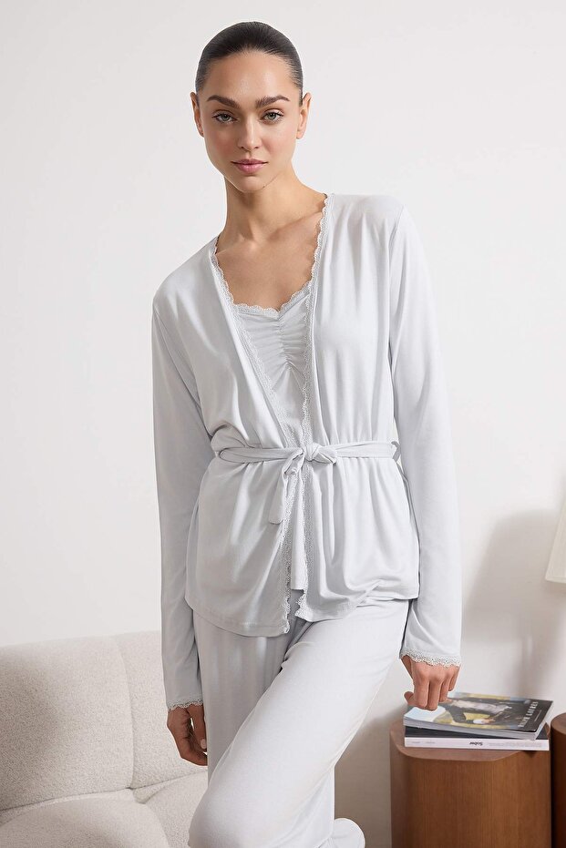 Açık Mavi 3'lü Dantelli Viskon Örme Pijama Takımı THMSS26PT00056 - 2