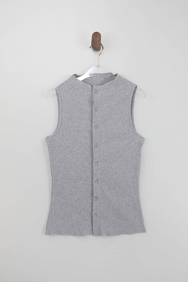 Wardrobe Essentials-Gri Melanj Fitted Düğmeli Volanlı/Fırfırlı Esnek Örme Bluz TWOSS26BZ00171 - 5