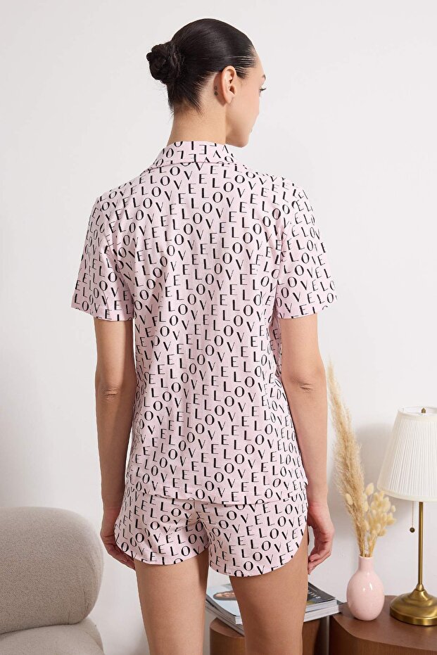Pembe %100 Pamuklu Slogan Desenli Cepli Örme Pijama Takımı THMSS26PT00052 - 4