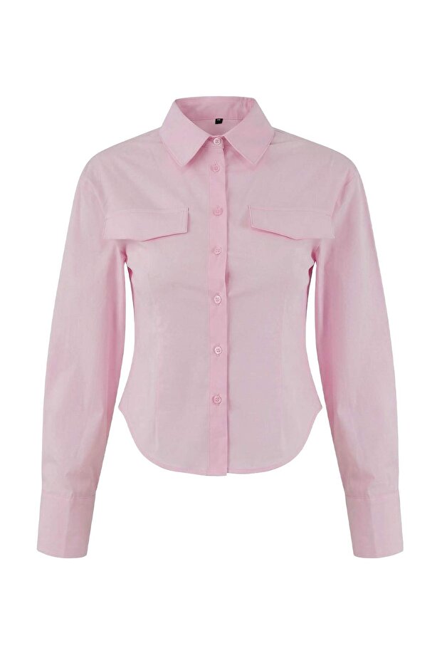 Trendyolmilla Wardrobe Essentials – Pembe Cep Detaylı Vücuda Oturan Dokuma Gömlek | TWOSS26GO00019 - 5