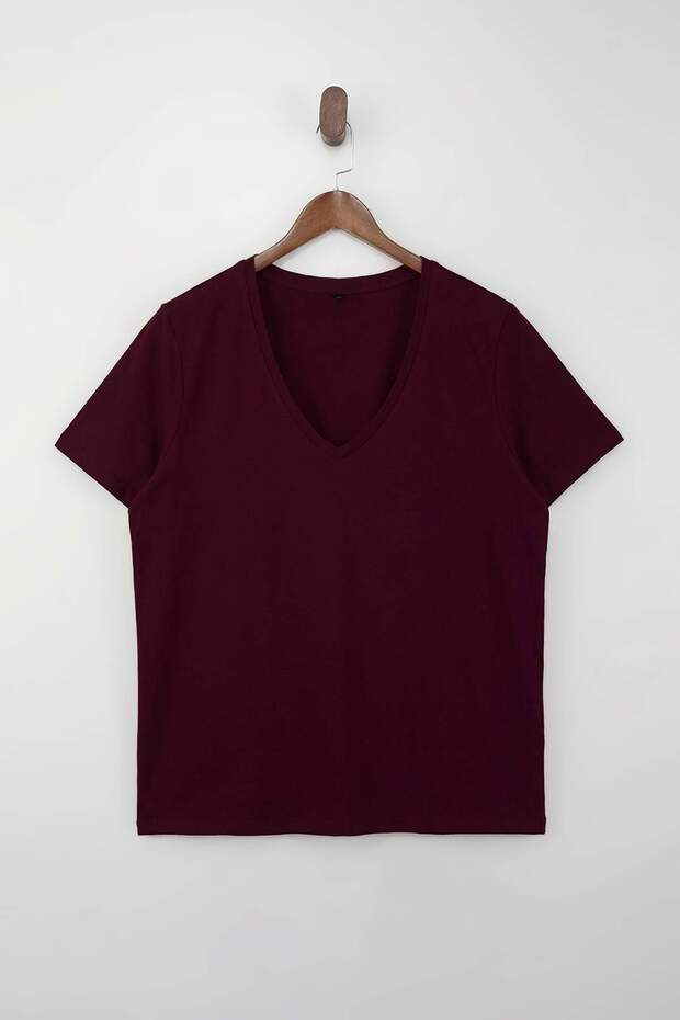 Bordo Pembe 2'li Paket Basic V Yaka %100 Pamuk Örme Büyük Beden T-Shirt TBBSS22TS0705 - 7